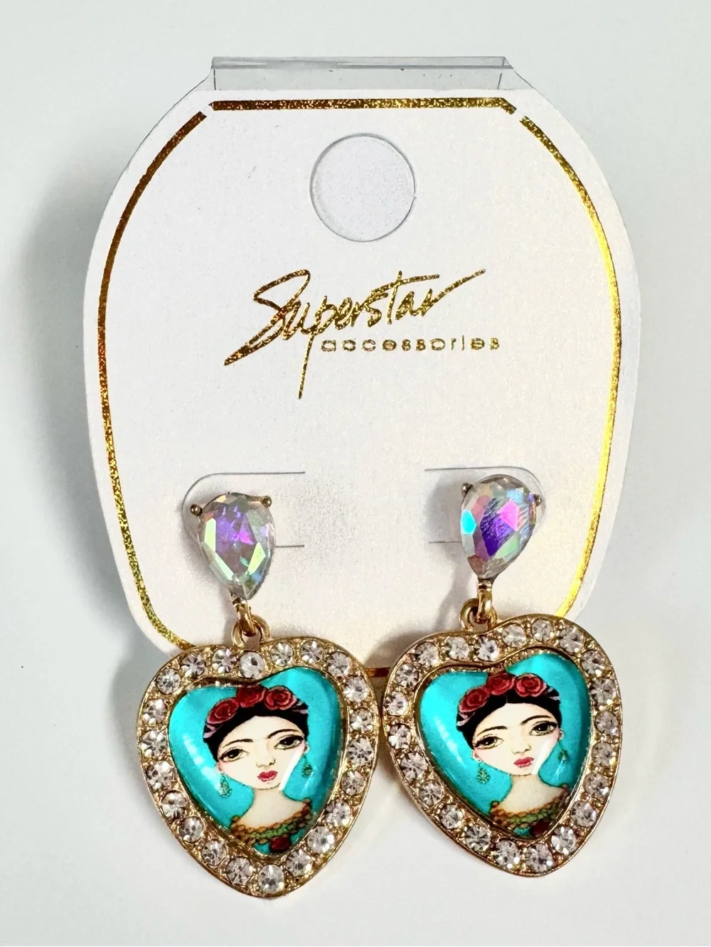 Superstar Accessories Frida Kahlo Earrings Lot Crystal Heart Tassel Gold NWT